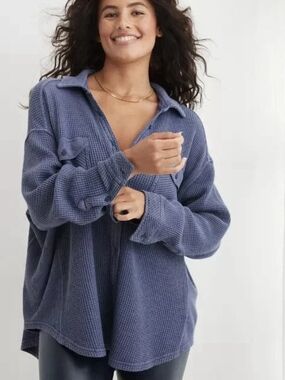 aerie Blue Waffle Knit Lumberjack Button-Down Shirt